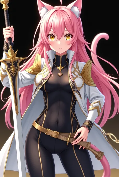 ( artwork,  top quality,  thong,  official art ,  beautiful and aesthetic :1.2)  female, Cat girl from anime,  pink cat ears ,  long pink spiked hair,  golden eyes,  white and gold armor, wearing white cape, black and gold , black t-shirt and pants , pink ...