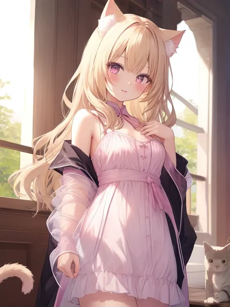  Hi-Res, accurate,  pink mesh, blonde, 1 girl, Cat ears, cute,chest,  the wizard