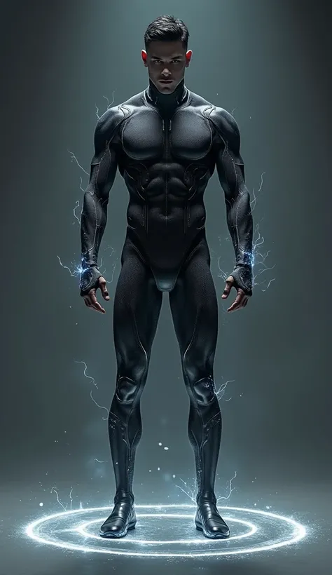 Full body photorealistic handsome hunky young slender futuristic male hero with black hair wearing a black and gray micro scale textured transparent mesh costume, and wristbands that can manipulate darkness , his body is covered with energy of dark,,super ...