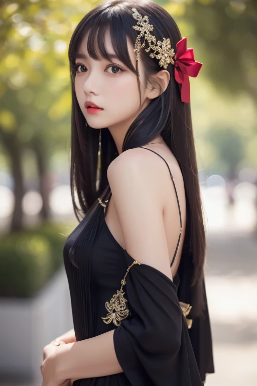  best quality , ( photorealistic:1.2),  1 girl, Alone,  detailed color,  focus on face ,  standing,  black hair,( hair ornament :1.35),OL,  ribbon trimming sleeve ,  detachable sleeves , Ribbon trim,  wide sleeve, ( viewers:1.5)  long hair,  black eyes, ba...