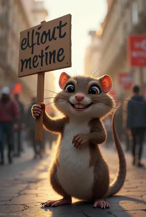 The shrew is holding a picket and smiling