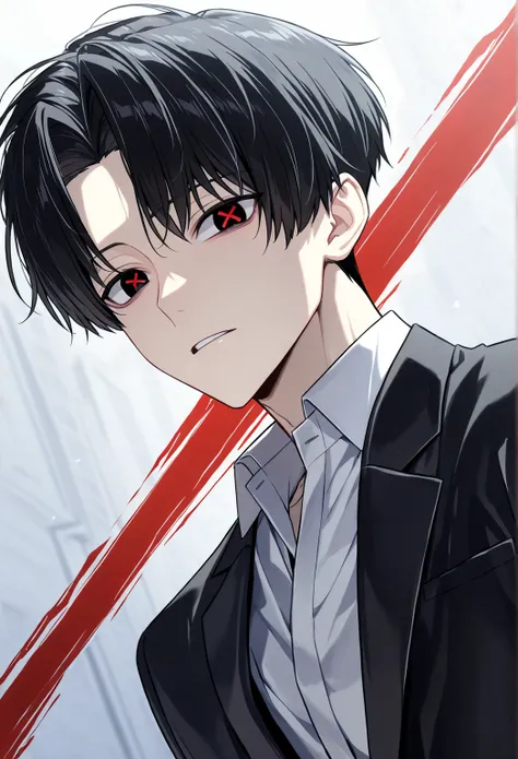 (solo), (handsome), (1 male, short hair), (20 years old), (black hair and center parted bangs), (with a small white streak), (black eyes), (black blazer for men), (best), (high), (score 9), (x shaped pupils), (red_pupils).