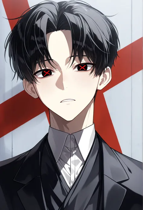 (solo), (handsome), (1 male, short hair), (20 years old), (black hair and center parted bangs), (with a small white streak), (black eyes), (black blazer for men), (best), (high), (score 9), (x shaped pupils), (red_pupils).