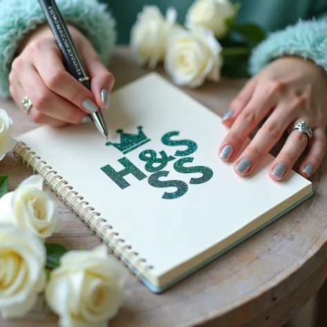 a close up image of White tone Korean hands wearing cayan color princess lassy sleeves , ring and holding a glitter pen written on the notebook big word " H 🩵 S" cayan color glitter centre of The Notebook and a crown shape charm top of the word. beautiful ...