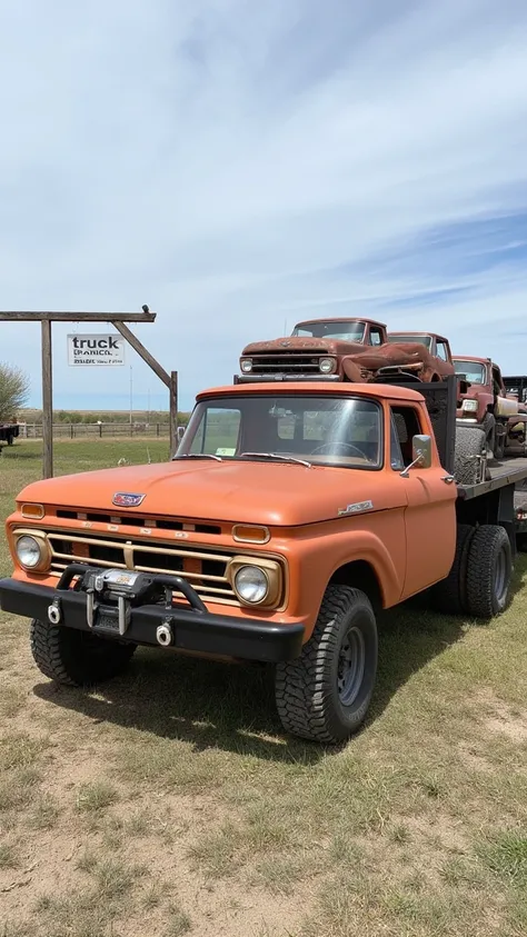 A 1966 ford f-100. With matte grey wheels and 15in by 30 in tires. With orange paint and patina and clear coat. With a ranch hand heavy duty front bumper with winch. Pulling a flat bed trailer and two abandoned fords on it. Pulling out of a ranch with a bi...