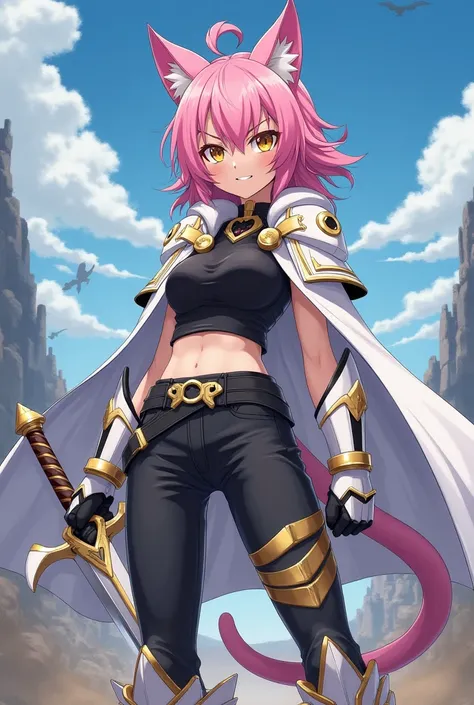 ( artwork,  top quality,  thong,  official art ,  beautiful and aesthetic :1.2)  female, Cat girl from anime, Serious and furious expression ,  pink cat ears ,  long pink spiked hair,  golden eyes,  white and gold armor, wearing white cape, black and gold ...