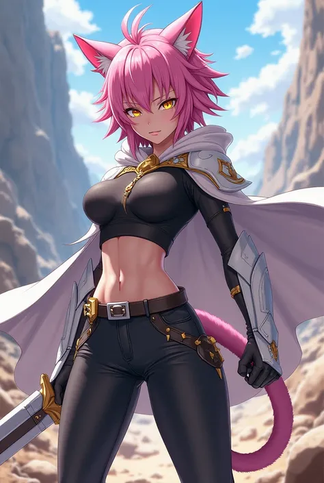 ( artwork,  top quality,  thong,  official art ,  beautiful and aesthetic :1.2)  female, Cat girl from anime, Serious and furious expression ,  pink cat ears ,  long pink spiked hair,  golden eyes,  white and gold armor, wearing white cape, black and gold ...