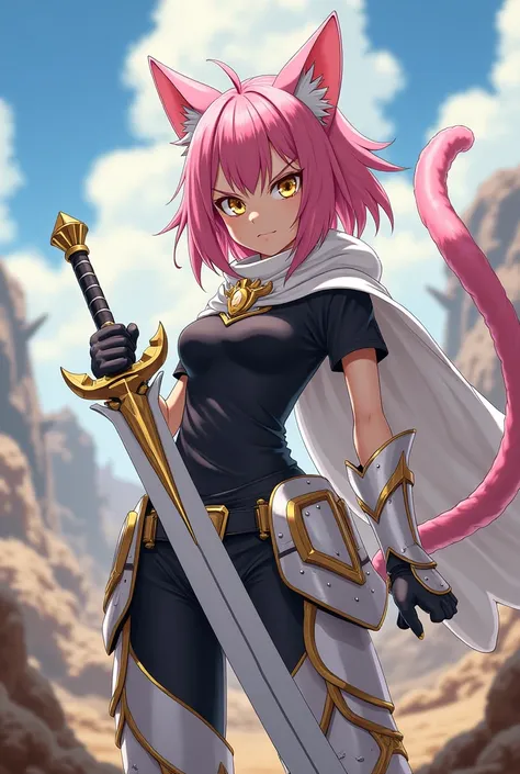 ( artwork,  top quality,  thong,  official art ,  beautiful and aesthetic :1.2)  female, Cat girl from anime, Serious and furious expression ,  pink cat ears ,  long pink spiked hair,  golden eyes,  white and gold armor, wearing white cape, black and gold ...