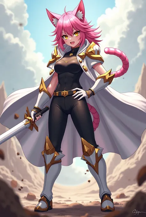 ( artwork,  top quality,  thong,  official art ,  beautiful and aesthetic :1.2)  female, Cat girl from anime, Serious and furious expression ,  pink cat ears ,  long pink spiked hair,  golden eyes,  white and gold armor, wearing white cape, black and gold ...