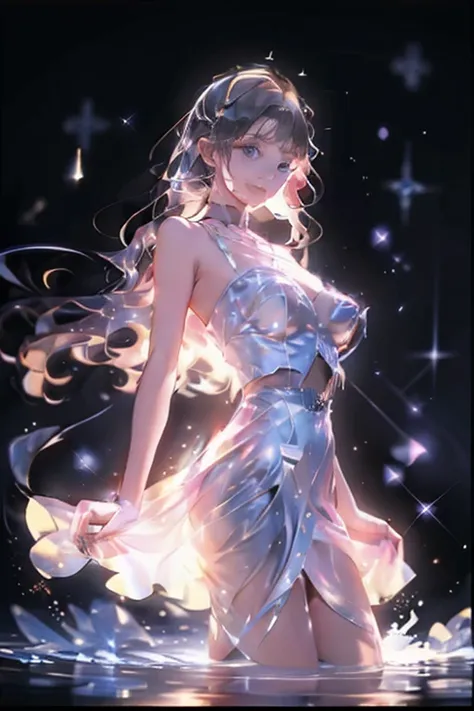   Starry Sky ,Dancing on the lake , １ girls with light makeup, ((   very big breasts :1.3)),     long hair ,   gray hair ,    Swaying in the Wind髪,      very cute in the water    ,     slim ,   Petite and small with minimal clothing  ,    ,  ((  Pale blue、...