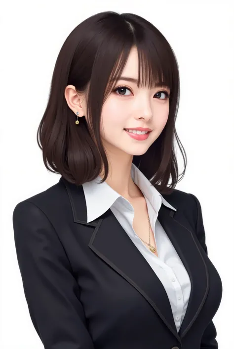 Beautiful Japanese Woman 、、 She is wearing an office lady suit、濃いeyeshadow 、Hairstyle: Medium long、 ダークBrown Hair 、ear piercing、   smile showing teeth、 necklace、 white backgr