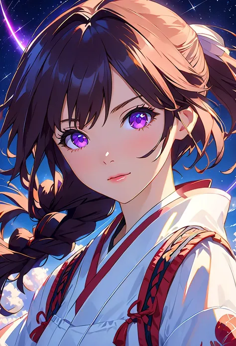  紫の髪と紫のネクタイをした人の close-up,  Style anime  ,   anime moe art style ,  Katana Zero Video Game Character,  future anime girl ,  animated space student girl portrait , Portrait of a girl of the twelve constellations ,   close-up ,   anime stylized  ,  With shin...