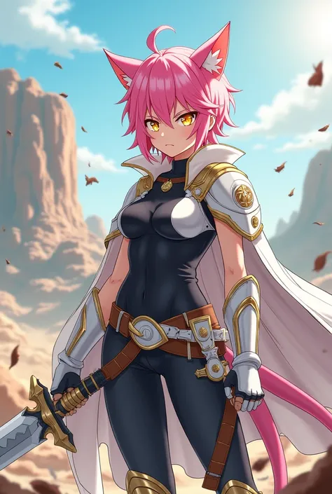 ( artwork,  top quality,  thong,  official art ,  beautiful and aesthetic :1.2)  female, Cat girl from anime, Serious and furious expression ,  pink cat ears ,  long pink spiked hair,  golden eyes,  white and gold armor, wearing white cape, black and gold ...