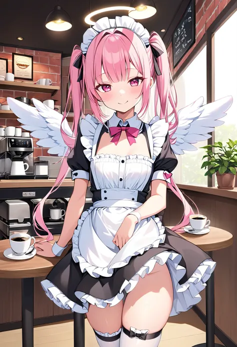    one girl、 pink hair、 pink eyes、 Tiny Breasts 、  Twin Half Twin Tail、Angel Wings 、 With a Bright Smile 、  maid clothes、 coffee shop、 coffee、to have a bright smile 、like々New Appearance、 short、 Seductive Thighs 