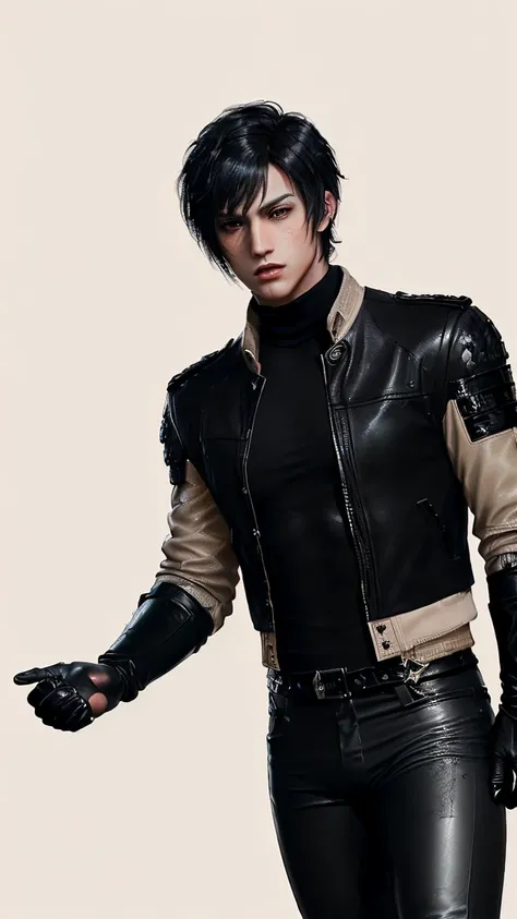 ,((jason todd)),((Final fantasy taste and reality graphics)), ((Japanese young cute and cool ikemen  boy)), ((face is no paint and no mask)),his age is early 20s, thin eyebrows and beady eyes, ((((he wearing only light beige color leather jacket)))),((((le...