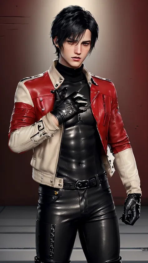 ,((jason todd)),((Final fantasy taste and reality graphics)), ((Japanese young cute and cool ikemen  boy)), ((face is no paint and no mask)),his age is early 20s, thin eyebrows and beady eyes, ((((he wearing only light beige color leather jacket)))),((((le...