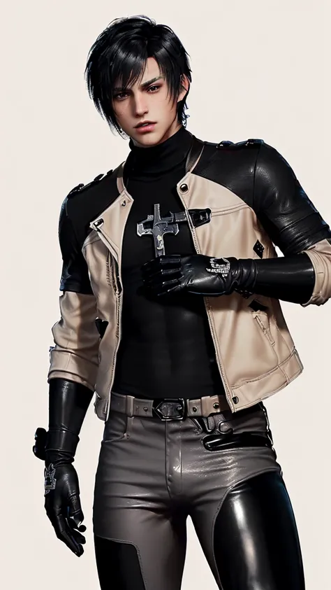 ,((jason todd)),((Final fantasy taste and reality graphics)), ((Japanese young cute and cool ikemen  boy)), ((face is no paint and no mask)),his age is early 20s, thin eyebrows and beady eyes, ((((he wearing only light beige color leather jacket)))),((((le...