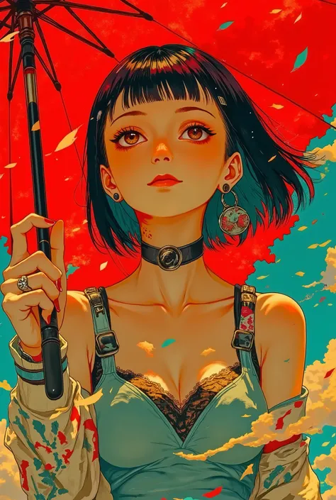 boyish girl with short hair, black hair,  detail eyes, nose, lips and,  light blue dress,Red Umbrella , rain( top quality ,4K,8k, high resolution,masterpiece:1.2), ultra detail,( realistic,photo realistic,photo- realistic:1.37), high resolution, Studio Lig...