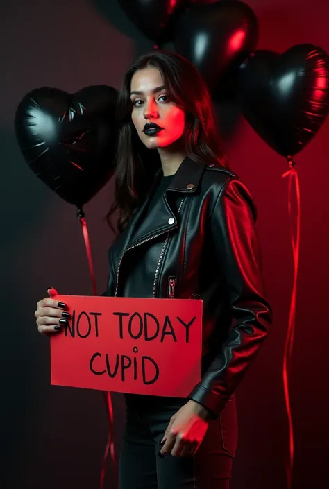 DESC DEL AVI ,  with black gloss lips  ,  wearing a black leather jacket with black denim pants  ,  and black nails  ,  with dark background and phosphorescent red lights  ,  with broken heart-shaped black balloons carrying a sign that reads " NOT TODAY CU...