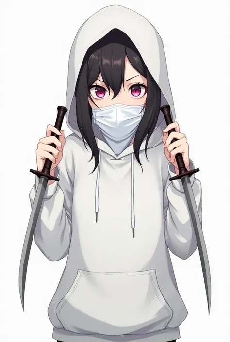  anime girl,  looking directly at ,  wearing a white sweatshirt, White hood,  with a serious expression , a white mask covering the mouth and nose, detailed pink eyes , holding two daggers in each hand .
