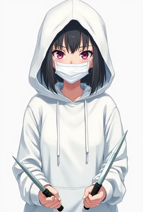  anime girl,  looking directly at ,  wearing a white sweatshirt, White hood,  with a serious expression , a white mask covering the mouth and nose, detailed pink eyes , holding two daggers in each hand .
