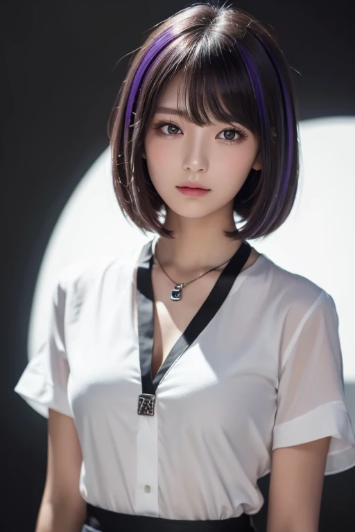 Masterpiece, 1 girl,Alone, A faint smile,  metal necklace ,  white shirt, Modern uniform ,  accessories,  purple and black two-tone hair color, Unique Hairstyle ,  stylish,  black background