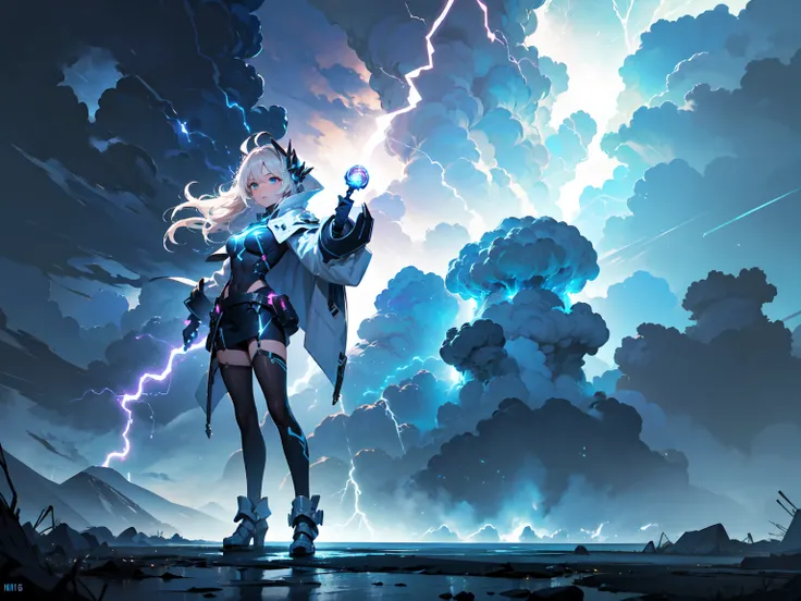 (((masterpiece, best quality 16k)))((full body shot)) of a girl in electrifying, futuristic armor with sleek gold and blue accents, standing in a stormy, electrified sky. She has short, spiky platinum blonde hair and piercing, electric blue eyes. Her skin ...