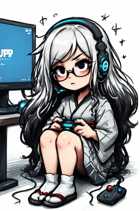 An adult Japanese woman. Short, wavy white hair. Black eyes. Wears a dark grey Japanese kimono that reaches down to her ankles. Wears glasses. Wears a gaming headset. Streams PC games. Stuck on a difficult level, clutching the game controller in despair. D...