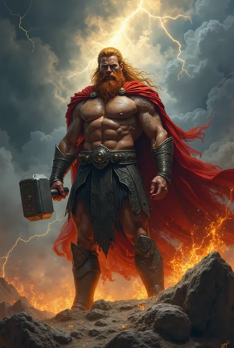 Imagine a grand painting of Þórr, inspired by the Eddas and Norse tales, capturing his brute strength and stormy nature.

 In the center of the composition , Þórr stands as a colossal figure, with muscles sculpted by combat and scarred skin through the col...