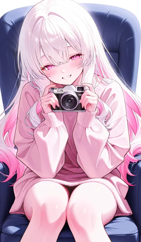  one woman、White Hair、 pink inner color hair、 pink eyes、 with semi-closed eyes 、 shy expression、wave hair 、 indoor、 Sitting、 smile、 looking at the camera、 Long Sleeve、 Half Twin、フリルが付いた Long Sleeveの服、

 Masterpiece、 top quality、