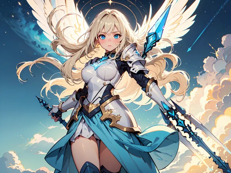 (((Masterpiece, best quality, 16k))) female character with long blonde hair and bright blue eyes. She wears a celestial armor in white, gold, and blue. wields a divine spear. The character has a determined expression, with a heavenly realm as the backgroun...