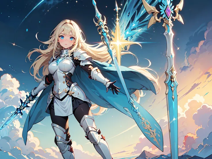 (((Masterpiece, best quality, 16k))) female character with long blonde hair and bright blue eyes. She wears a celestial armor in white, gold, and blue. wields a divine spear. The character has a determined expression, with a heavenly realm as the backgroun...