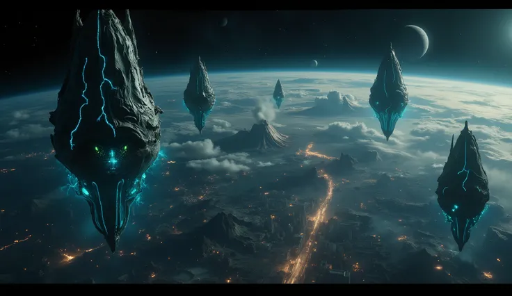 A cinematic wide shot of Earth from space, surrounded by massive organic-shaped alien ships. The ships have glowing blue and green veins pulsating across their surfaces, resembling living organisms. The Earth below shows signs of destruction, with dark smo...