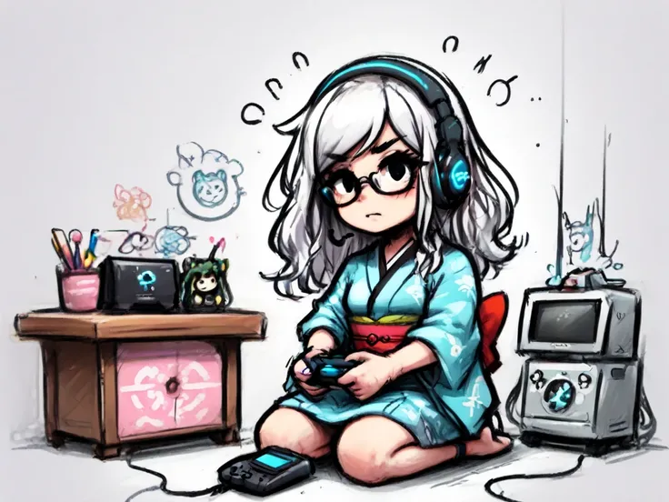 An adult Japanese woman. Short, wavy white hair. Black eyes. Wears a dark grey Japanese kimono that reaches down to her ankles. Wears glasses. Wears a gaming headset. Streams PC games. Stuck on a difficult level, clutching the game controller in despair. D...