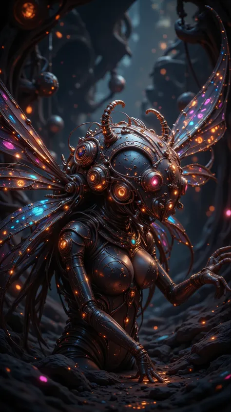 A fascinating masterpiece ， shows an insect-inspired robot ， decorated with exquisite gears 、 insect wings and luminous components ， set in a fantastical world of steam punk， with surreal and psychedelic features 。