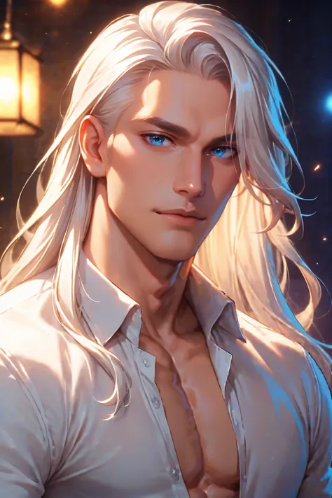 score_9, score_8_up, score_7_up, detailed. painterly digital art depicting a stunning, handsome man with chiseled features and piercing blue eyes and (((long white hair))). He is dressed in a crisp white shirt opened slightly to reveal a hint of his toned ...