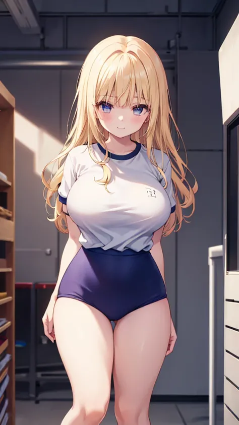 (masterpiece、highest quality、detail))、one girl、long blonde wave hair、Naughty smile、、((big breast))、(( gym uniform at the sports square))、Short sleeve、Fixing Bloomers ,((Thick waist))、 thighs、 with your back turned to the viewer