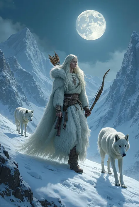 Imagine a painting of Skaði, the goddess of winter, of the Hunt and the Mountains, captured in all their majesty and ethereal coldness, as described in the Eddas.

 In the center of the composition , Skaði stands tall and slender, with a presence as sharp ...