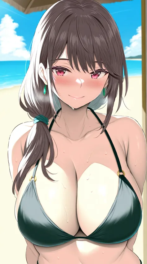 Masterpiece, 1girl, elegant mature womam, NoriPachi style, big breasts, long hair, slim, tall, dynamic lighting, ultra detailed, highres, absurdres, home,stunning visual cg, blushing, warm smile, (bikini, beach), upper body shot