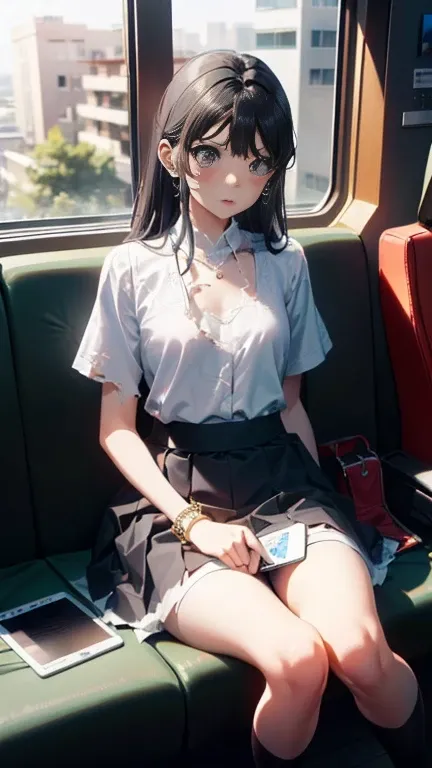 (( Software: 1.4)), ( Software, she wears a long white embroidered skirt.., Red lace blouse , White pattern on her waist ,  socks, necklace,  earrings,  bracelet.  in the seat)),  super high resolution, ( by Nomi: 1.4),  RAW Photo ,  top quality, (Photo by...