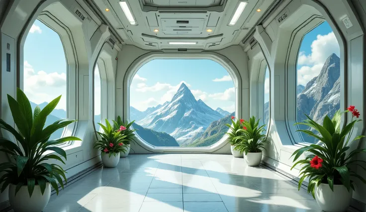 The image shows the interior of a futuristic space station with a beautiful view of the mountains in the background. The space station has a long, narrow corridor with multiple windows on both sides, allowing natural light to enter the space. The floor is ...