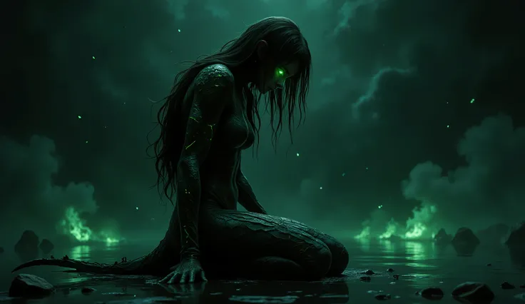 The hybrid protagonist kneels alone in a dark, reflective space, her glowing green eyes filled with tears. Her semi-scaled skin and neon green patterns glow faintly in the dim light. She speaks softly to herself, "Apa aku masih manusia? Apa aku pantas dise...