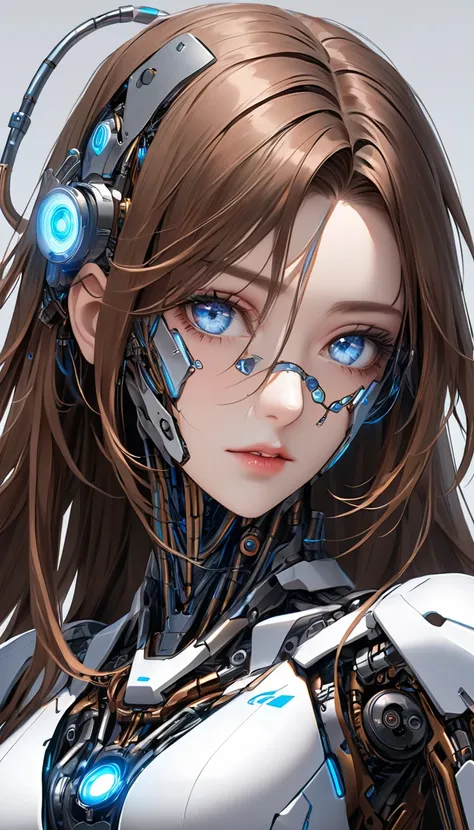 Ultra Realism cyborg girl with blue eyes and long brown hair.