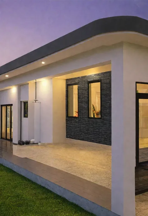 Modern 1 storey house evening perspective