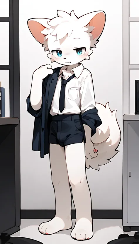 score_9, score_8_up, score_7_, score_6_up, masterpiece, best quality, solo, furry, shota, cute, young boy, BoykisserFur, white fur, seductive look, half closed eyes, standing pose, office worker attire, Full body, bare feet