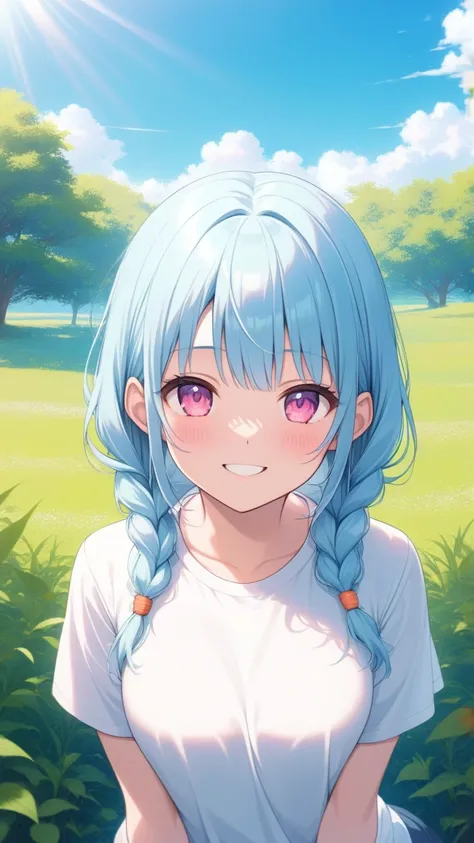 Anime girl,
(ethnicity:1.0),
(age:1.1),
light-skinned,
(detailed hair:1.3),
bright light-blue hair in two braids,
A carrot is tucked into the end of a braided strand of hair,
(detailed clothing:1.2),
white short-sleeved t-shirt,
(expression:1.2) smiling,
(...