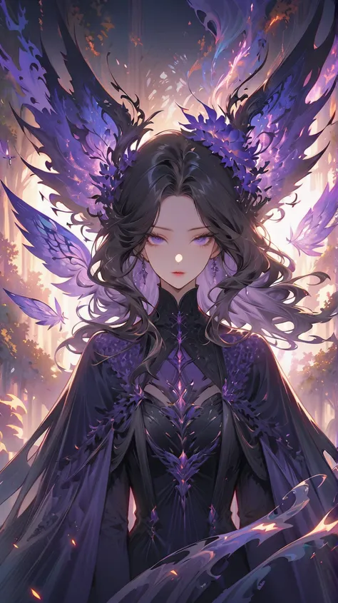 A full-body depiction of a mystical dark fairy with shoulder-length black hair, hovering just above the ground in a moonlit forest at night. She has an eerie yet graceful presence, her translucent wings faintly shimmering with dark violet hues. She wields ...