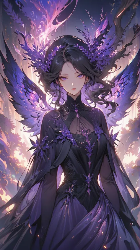 A full-body depiction of a mystical dark fairy with shoulder-length black hair, hovering just above the ground in a moonlit forest at night. She has an eerie yet graceful presence, her translucent wings faintly shimmering with dark violet hues. She wields ...