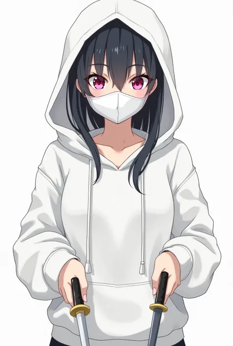  anime girl,  looking directly at ,  wearing a white sweatshirt, White hood,  with a serious expression , a white mask covering the mouth and nose, detailed pink eyes , holding two daggers in each hand .
