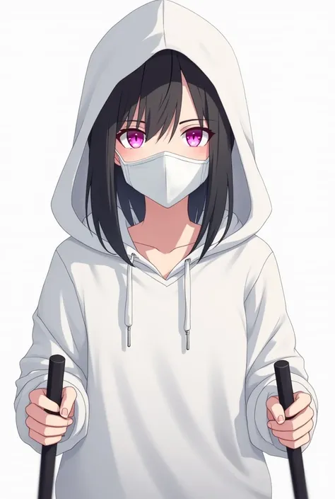  anime girl,  looking directly at ,  wearing a white sweatshirt, White hood,  with a serious expression , a white mask covering the mouth and nose, detailed pink eyes , holding two daggers in each hand .
